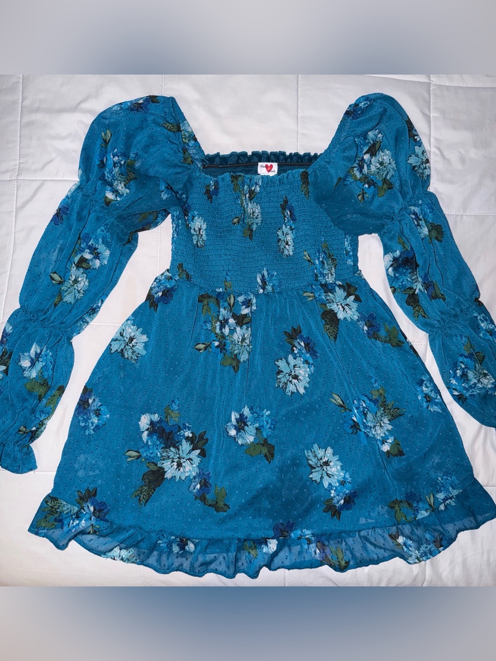 Blue Floral Mini Dress Smocked Bodice and Long Puff Sleeves - Large